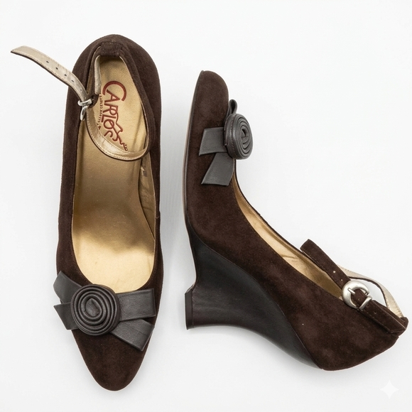 Carlos by Carlos Santana Shoes - Brown Suede And Leather Ankle-Strap Wedges - size 7.5